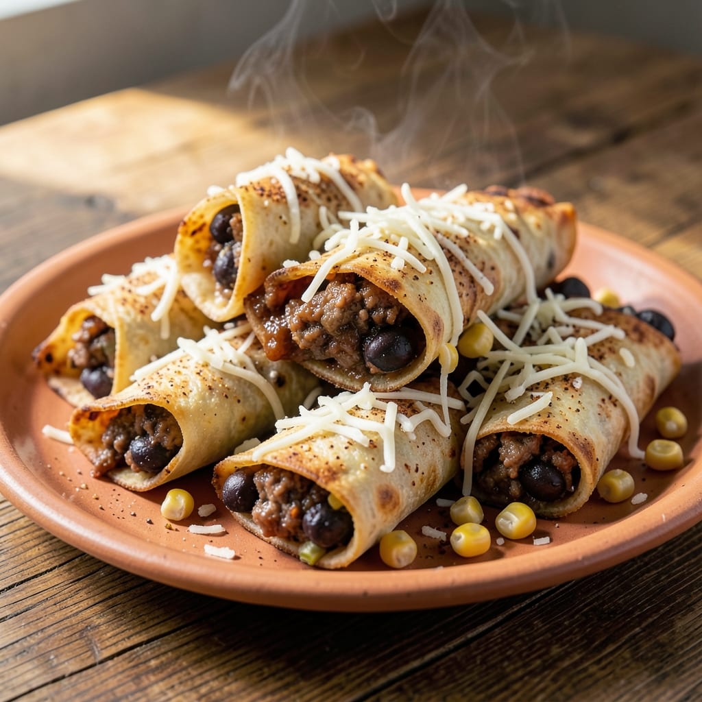 Beef and Bean Taquitos Recipe: Crispy Tortilla Stacks With Melty Cheese Magic