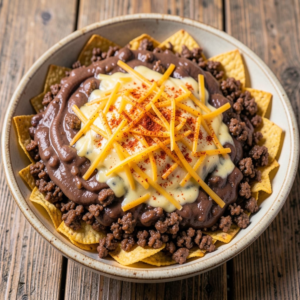 Beef Bean Cheese Nachos Recipe: Crispy Tortilla Stacks with Melty Cheese Layers