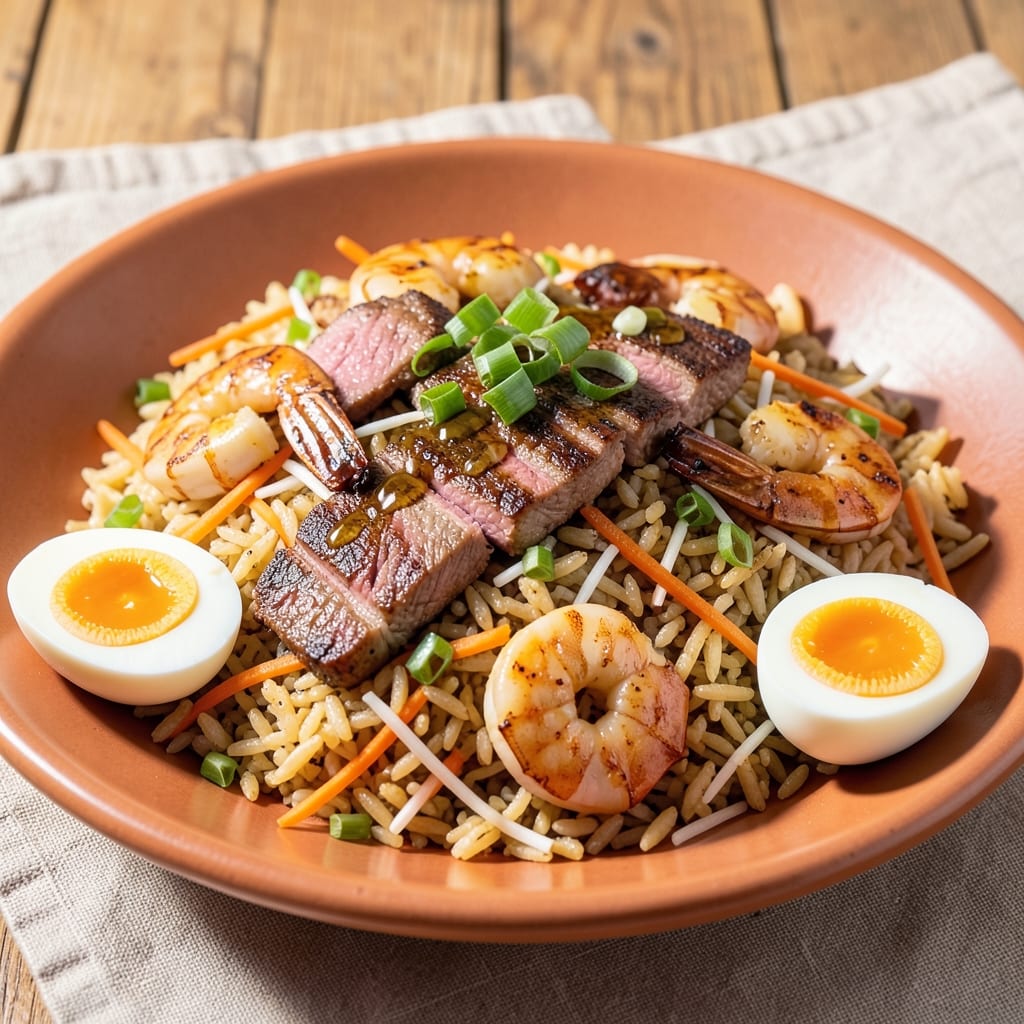 Beef and Shrimp Fried Rice Recipe: Wok-Heated Crispy Beef and Sweet Garlic Shrimp