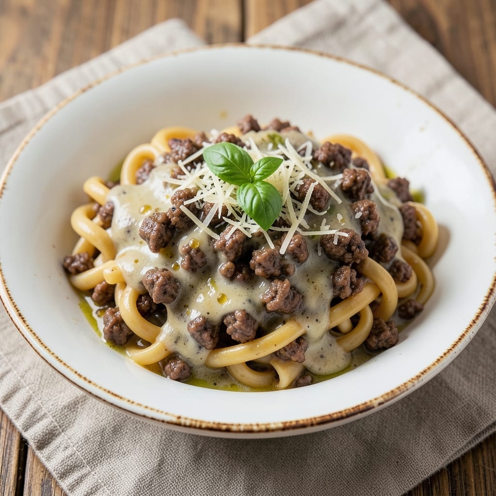 Beef Rotini Garlic Parmesan Sauce Recipe: Al Dente Noodles in Rich Umami Sauce
