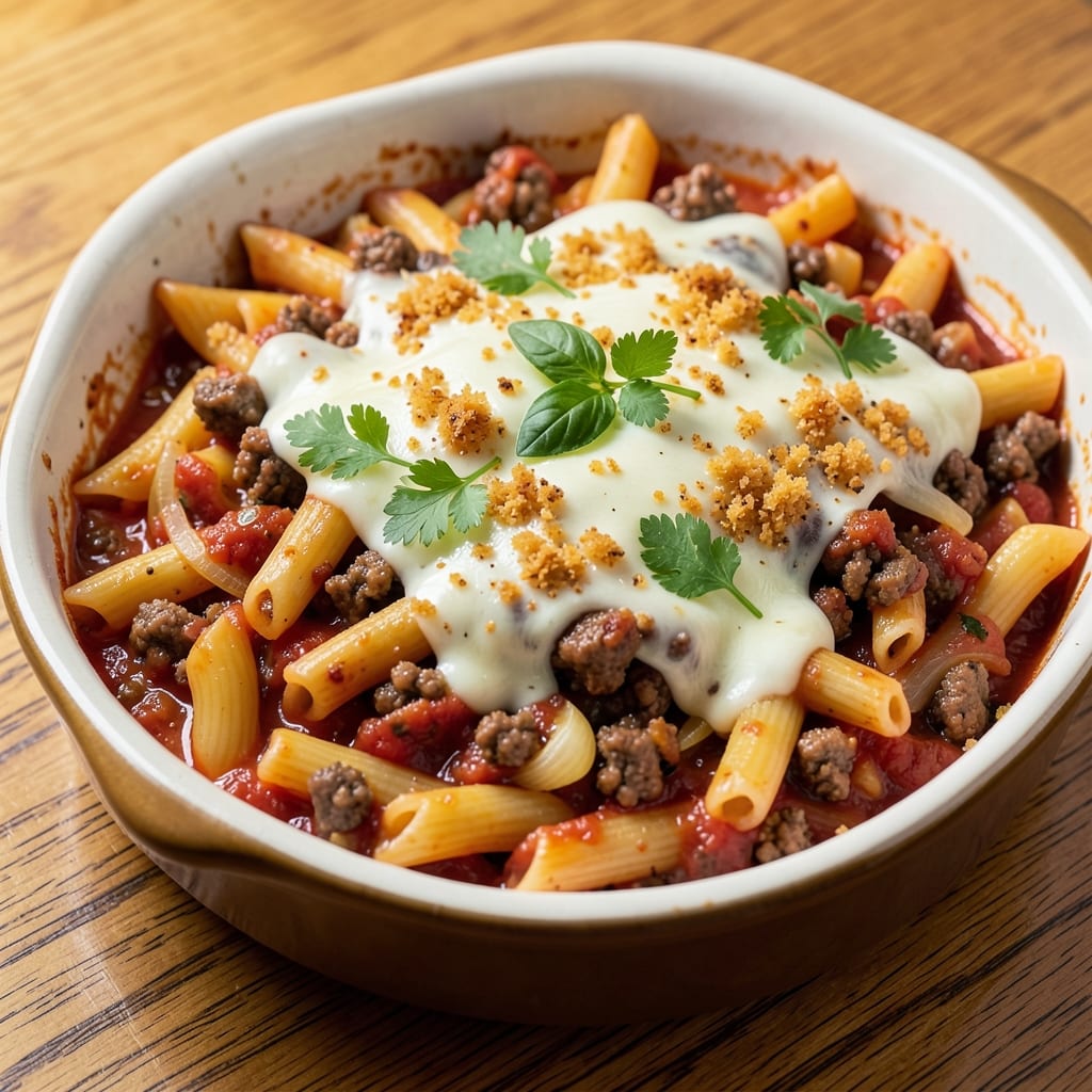 Baked Ziti Recipe with Ground Beef and Italian Sausage: Layered Cheese Crust and Herby Tomato Sauce