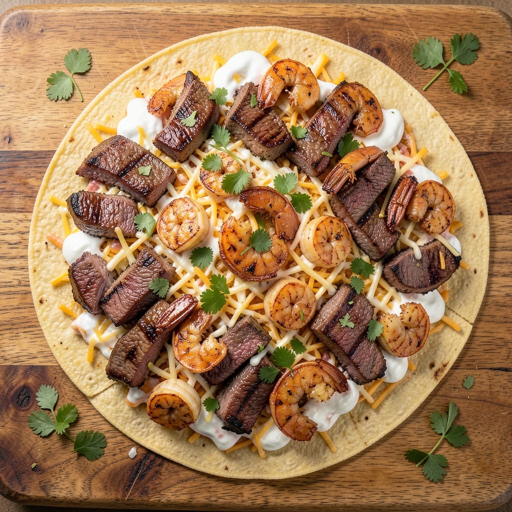 Beef and Shrimp Nachos Recipe: Crispy Tortilla Stacks with Melty Cheese Layers