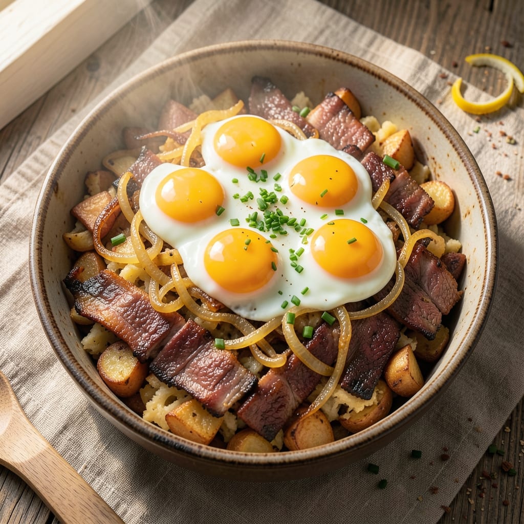 Baked Corned Beef Hash and Eggs Recipe: Crispy Potato Layers With Savory Breakfast Topping