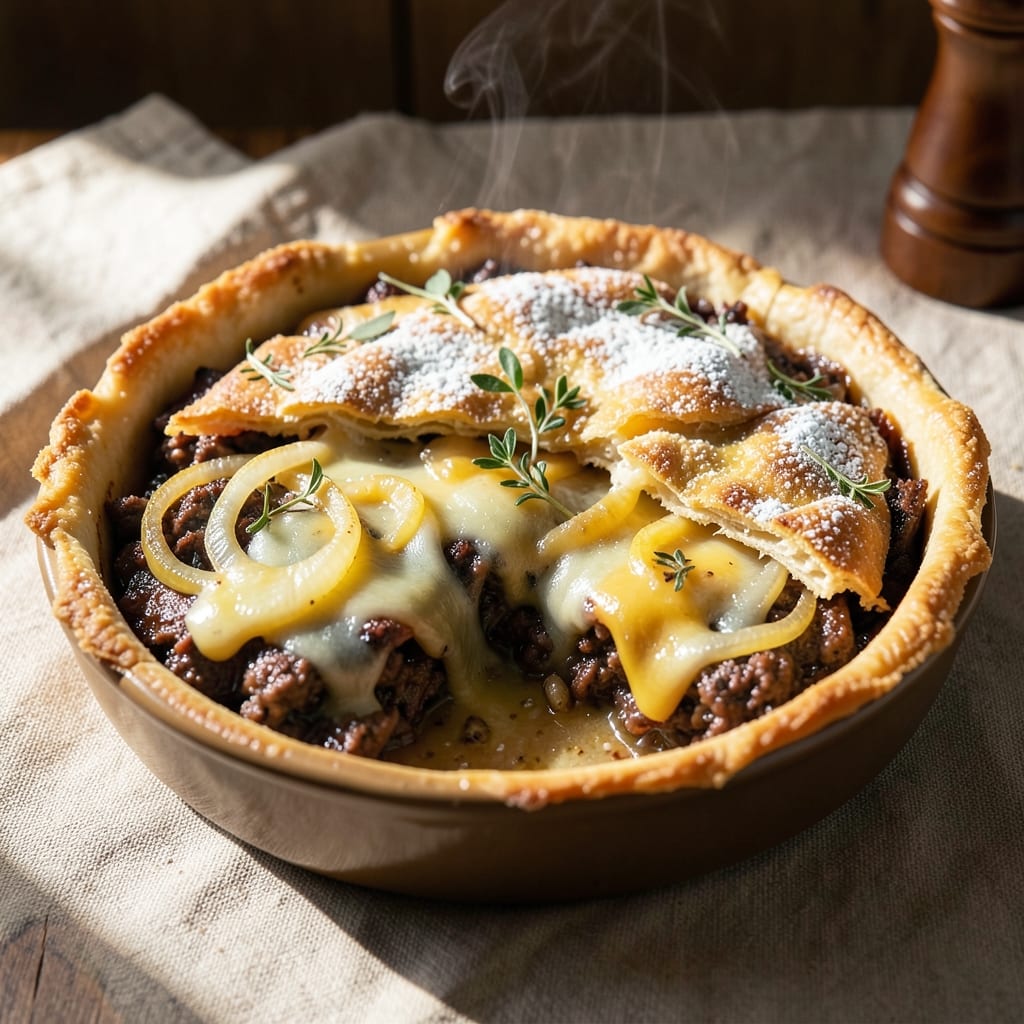 Beef and Cheddar Pie Recipe: Flaky Crust Envelops Savory Filling