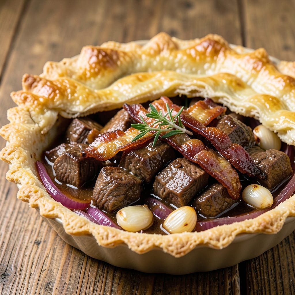 Beef and Bacon Pie Recipe: Flaky Pastry Crust with Savory Meat and Herbs