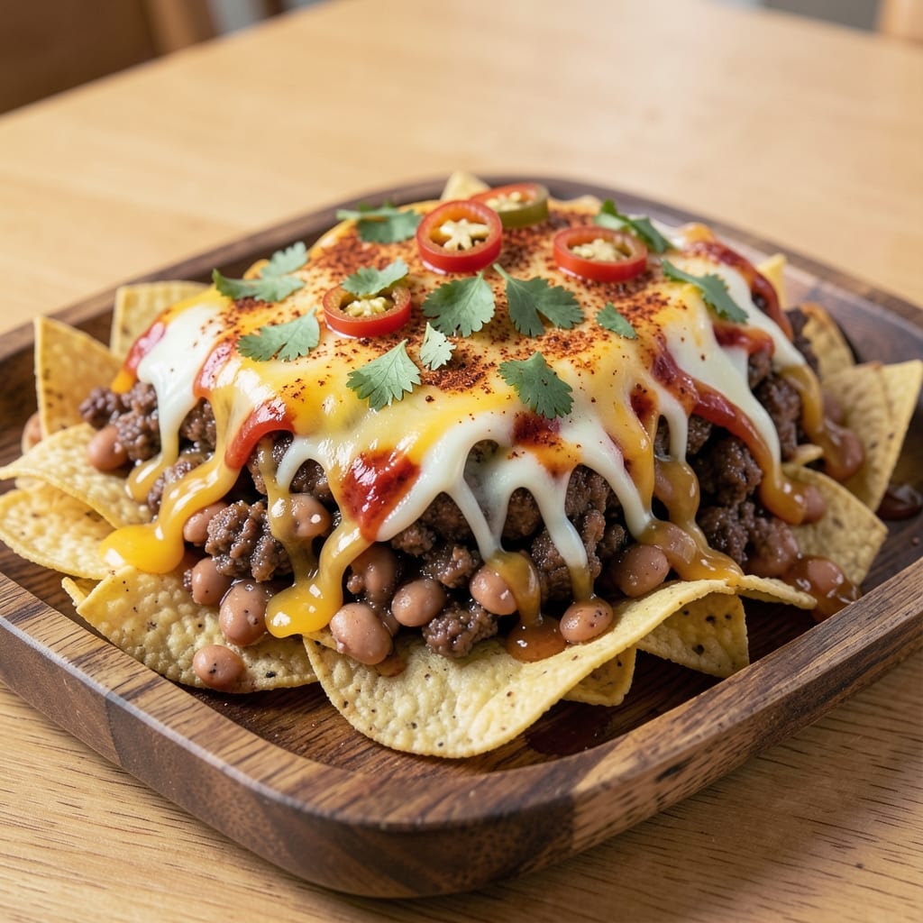 Beef and Bean Nachos Recipe: Crunchy Tortilla Stacks Loaded With Melty Cheese