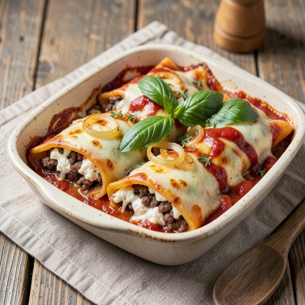 Beef and Cheese Manicotti Recipe: Baked Pasta Layers With Gooey Ricotta and Mozzarella