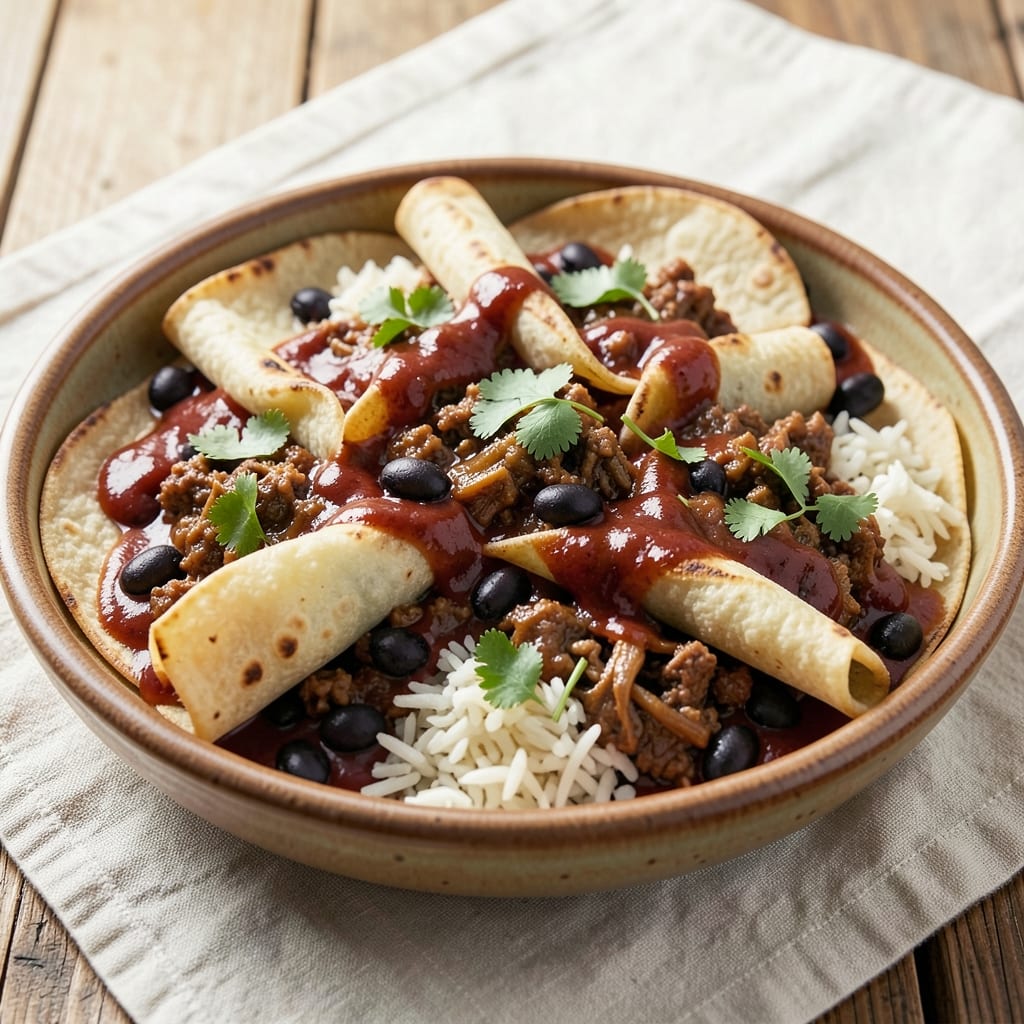Beef Bean and Rice Enchilada Recipe: Smoky Tortilla Stacks With Melty Cheese Layers