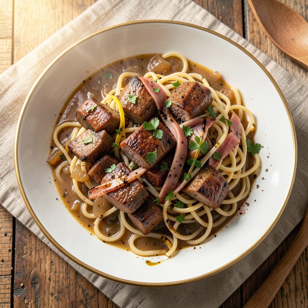 Beef and Noodles With French Onion Soup Recipe: Deep Caramelized Onions Meet Savory Beef