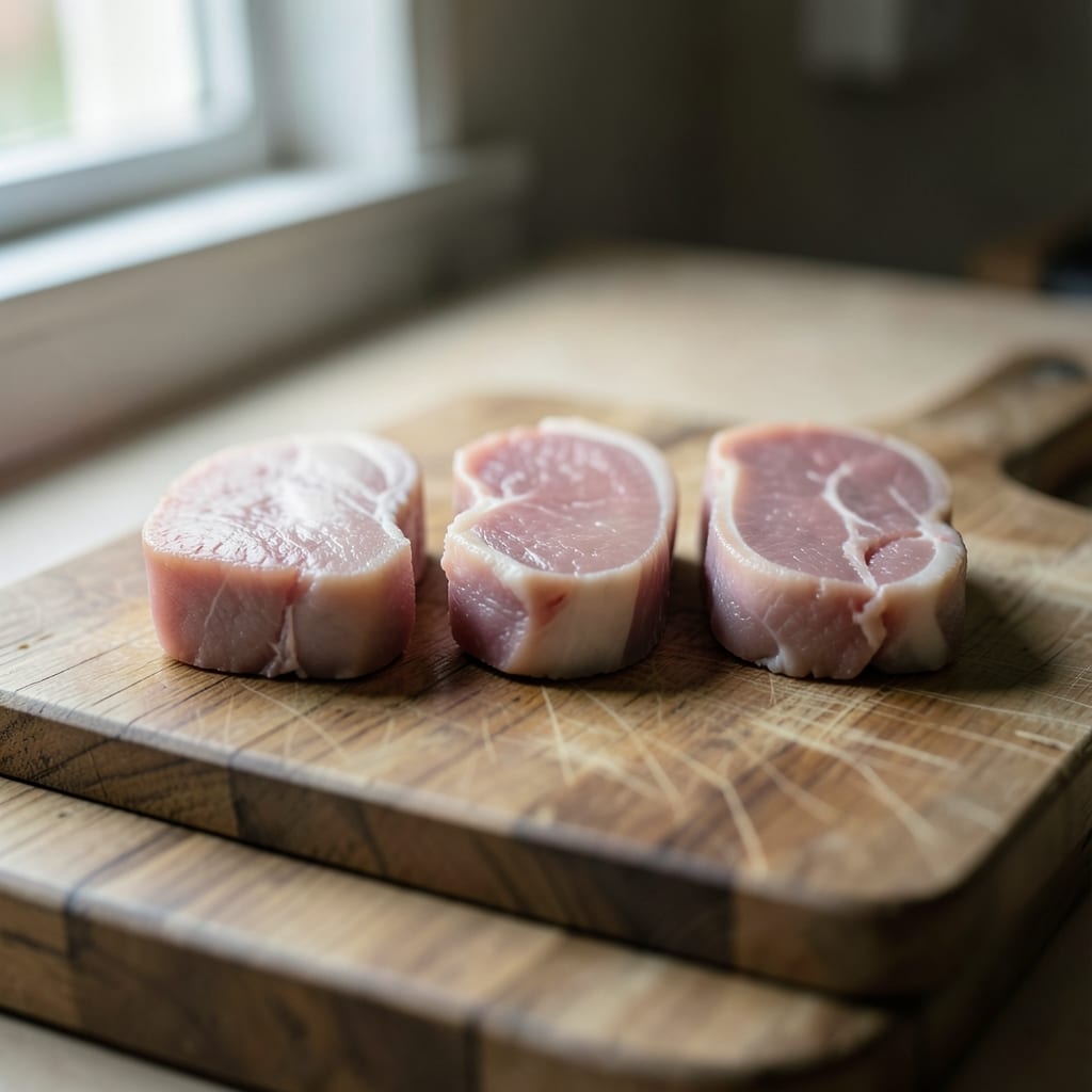 Three chops of different thickness, ready to be tested