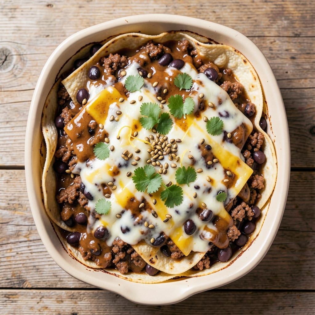 Beef and Black Bean Enchilada Casserole Recipe: Spiced Tortilla Layers With Melty Cheese Crunch