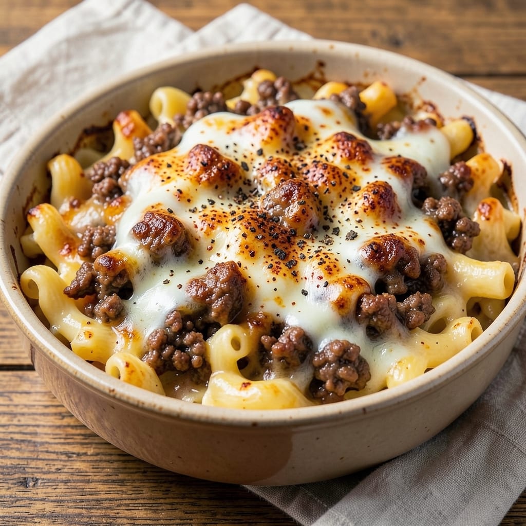 Baked Mac and Cheese With Ground Beef Recipe: Savory Beef and Triple-Cheese Layered Bliss