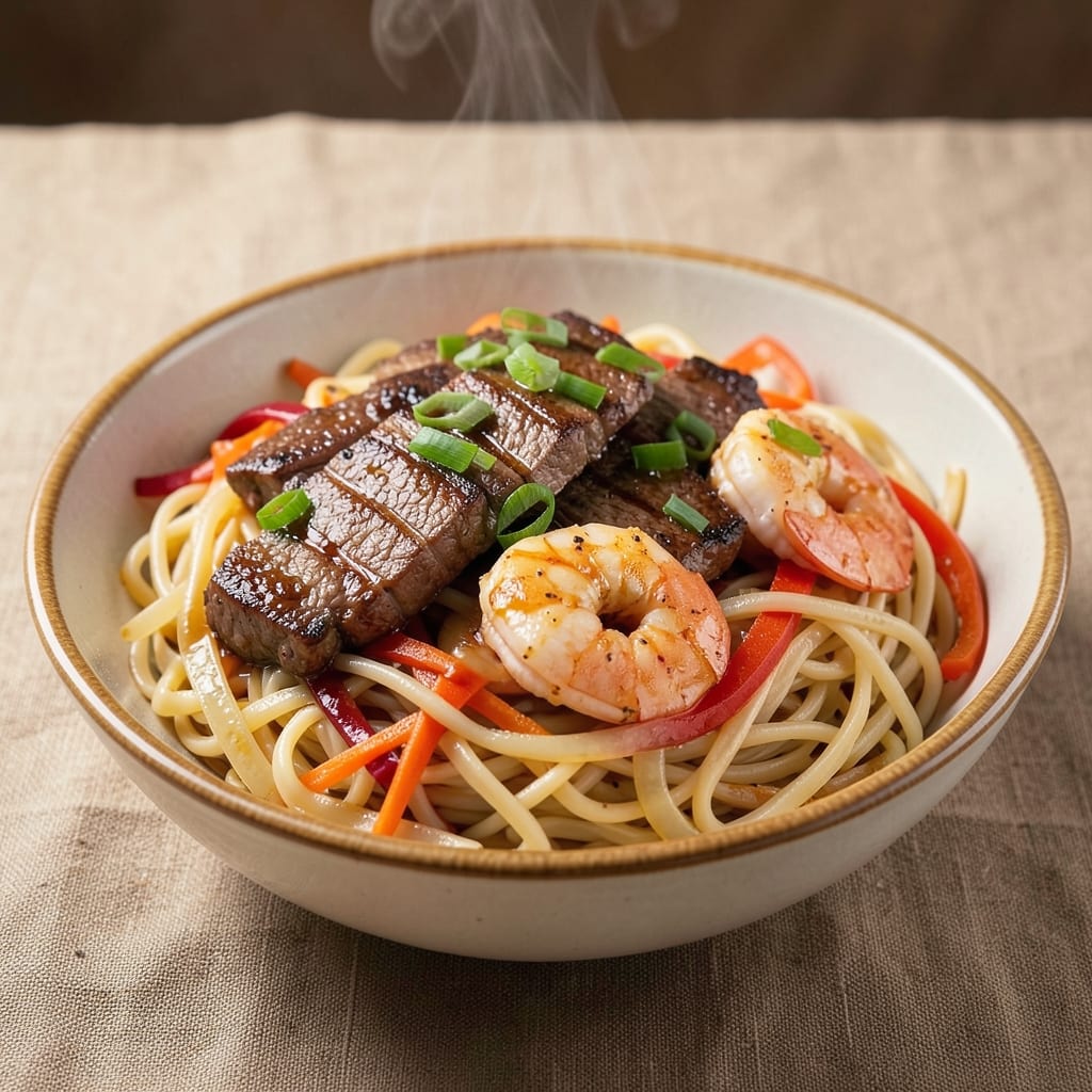 Beef and Shrimp Lo Mein Recipe: Wok-Heated Noodles with Crispy Beef and Silky Shrimp
