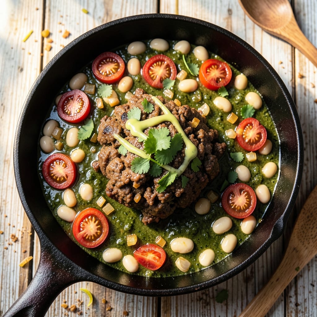 Beef and Bean Chili Verde Recipe: Smoky Tomato-Topped Chili with Crispy Tortilla Bites