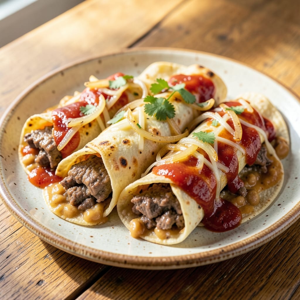 Beef and Refried Bean Enchiladas Recipe: Crispy Tortillas with Melty Cheese Layers