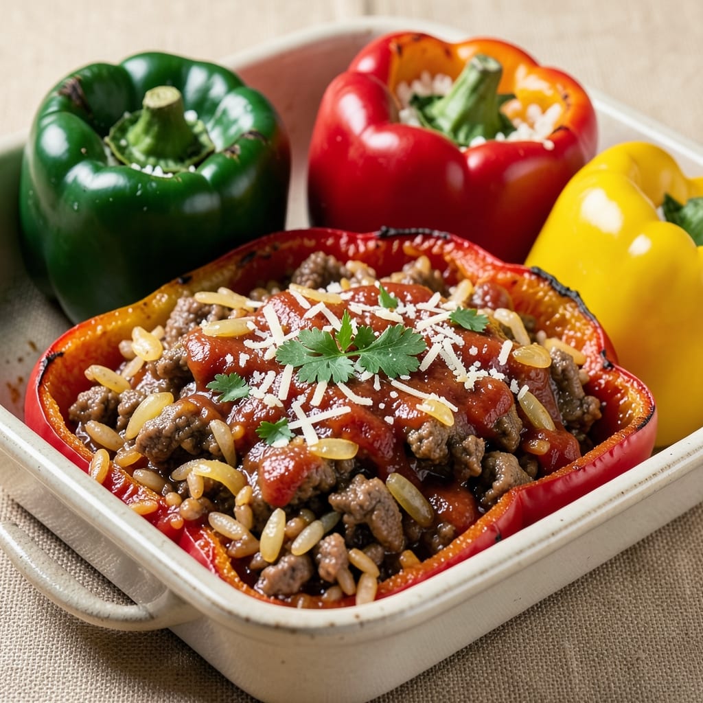 Beef and Rice Stuffed Bell Peppers Recipe: One-Pan Baked Bites With Herbed Cheese Topping